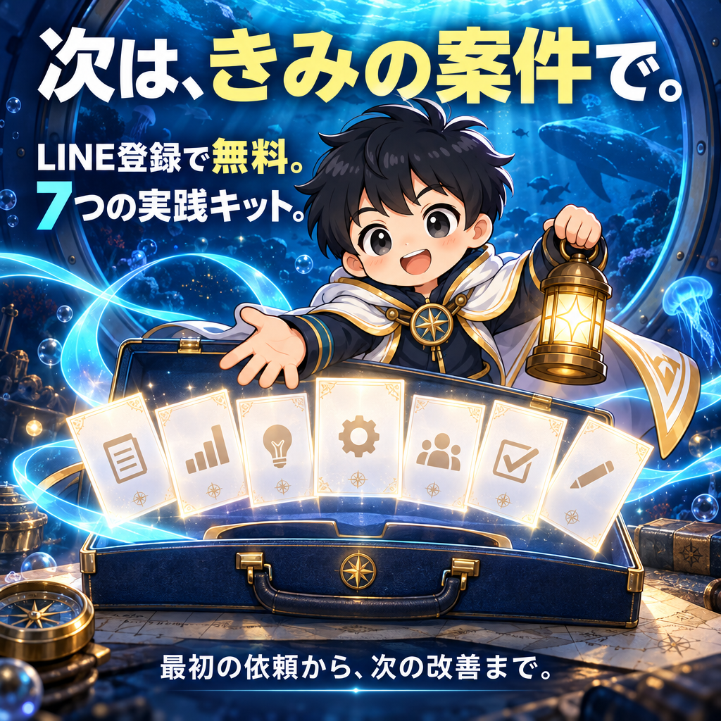次は、きみの案件で。 LINE登録で無料。7つの実践キット。 最初の依頼から、次の改善まで。