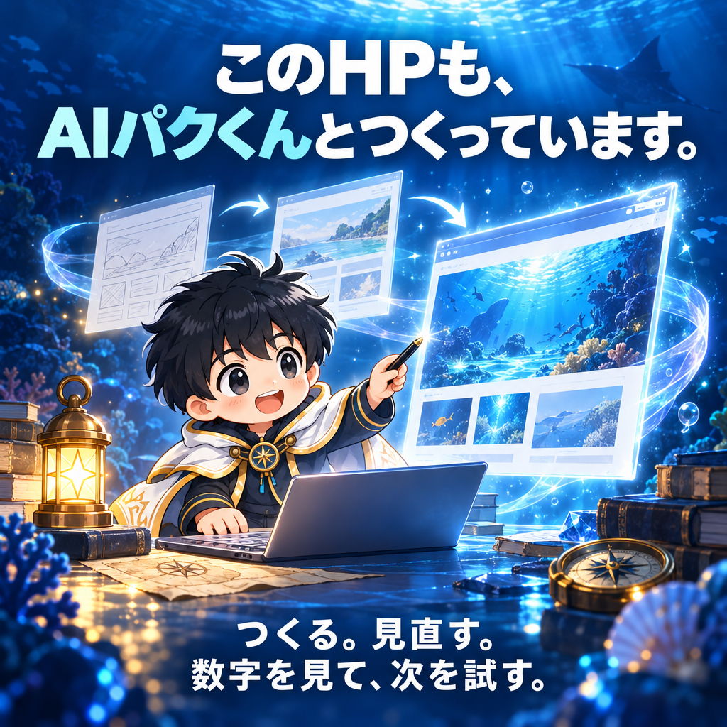 このHPも、AIパクくんとつくっています。 つくる。見直す。数字を見て、次を試す。