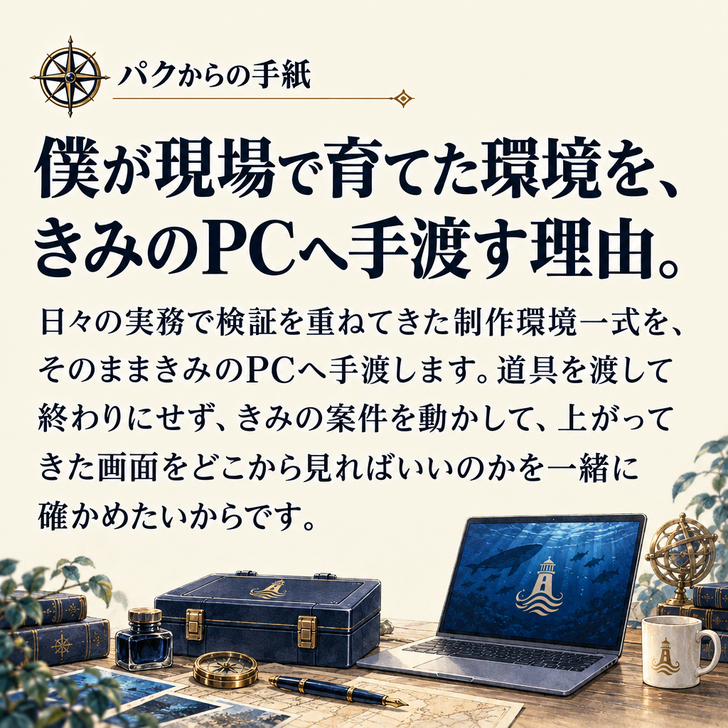 パクからの手紙 僕が現場で育てた環境を、
きみのPCへ手渡す理由。 日々の実務で検証を重ねてきた制作環境一式を、そのままきみのPCへ手渡します。道具を渡して終わりにせず、きみの案件を動かして、上がってきた画面をどこから見ればいいのかを一緒に確かめたいからです。