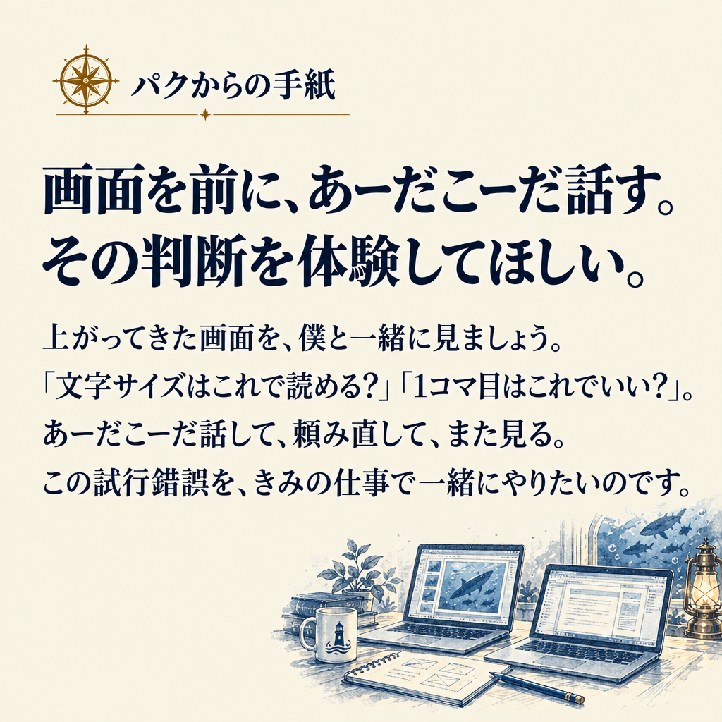 パクからの手紙 画面を前に、あーだこーだ話す。
その判断を体験してほしい。 上がってきた画面を、僕と一緒に見ましょう。「文字サイズはこれで読める?」「1コマ目はこれでいい?」。あーだこーだ話して、頼み直して、また見る。この試行錯誤を、きみの仕事で一緒にやりたいのです。